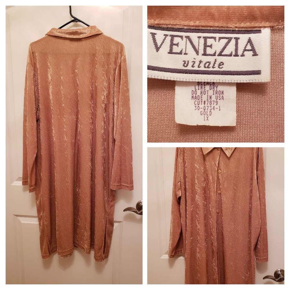 Gold long sleeve button down crushed velvet duster
